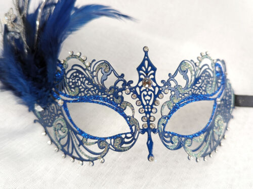 Navy & Blue Metal Masquerade Mask Venetian Feather Party Masque - Picture 6 of 8