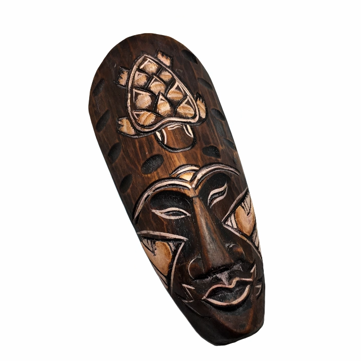 African Wooden Mask Turtle Face Brown Hand Carved Tribal Safari