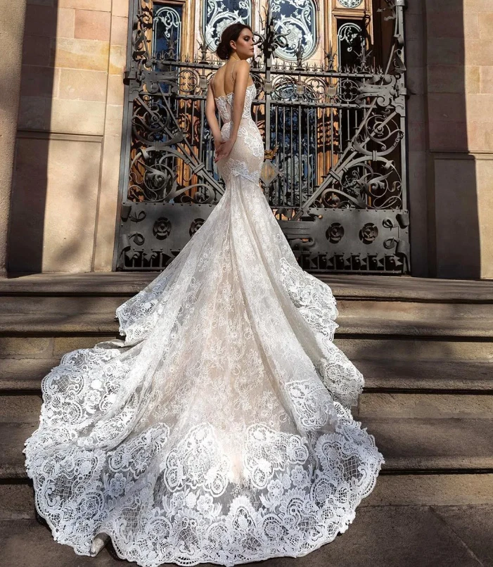 Spaghetti Straps Lace Mermaid Wedding Dresses Appliques Country Bridal Gowns - Image 3 of 4