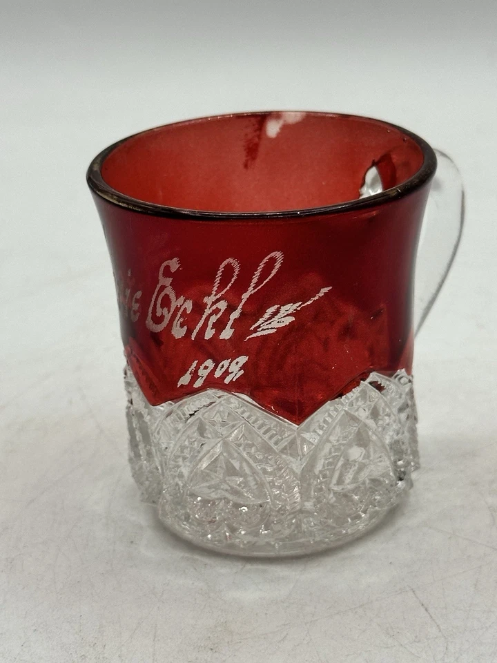 Antique Ruby Red Flash Etched Glass Demitasse Handled Cup Marie Eckl 1909 - Image 3 of 4