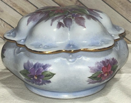 Vintage Hand Painted Pink & Purple Floral Trinket Dish With Lid 3” T By 5.5” W - Picture 8 of 24