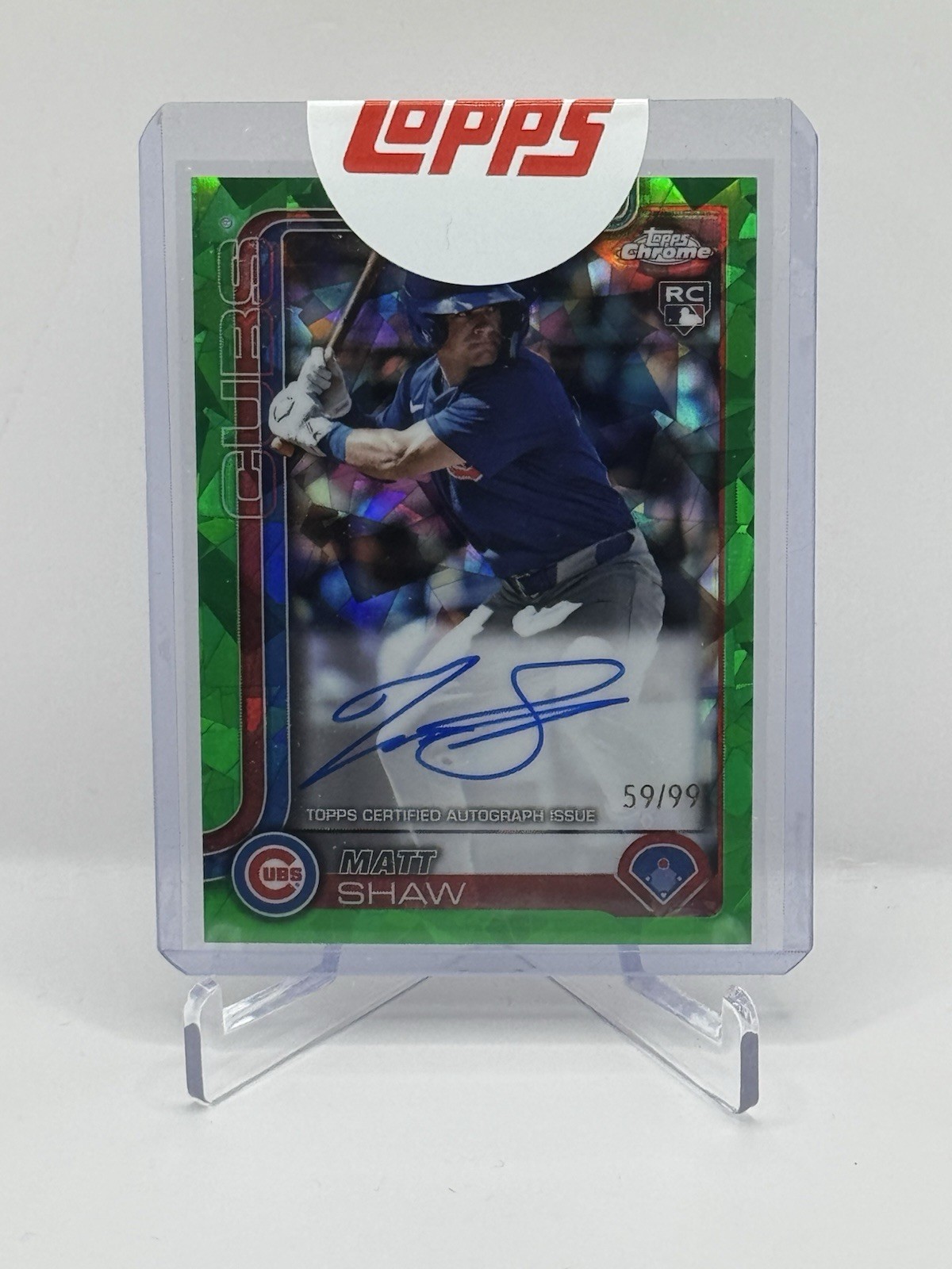 2025 Topps Chrome Sapphire Matt Shaw RC GREEN REFRACTOR AUTO 59/99 Cubs