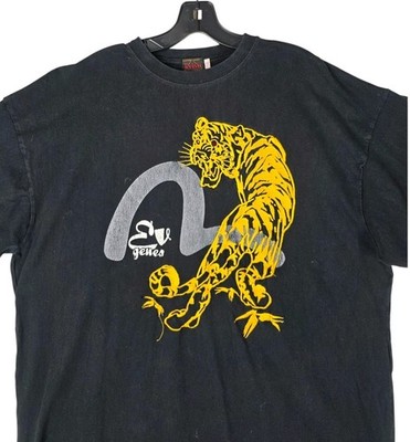 Evisu Genes Graphic T-Shirt Mens 2XL Black Tiger Embroidered Seagull Logo RARE