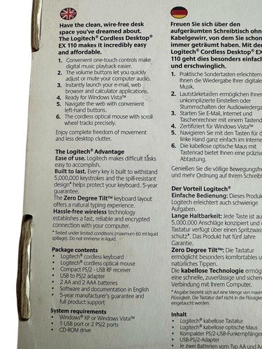 Logitech EX 110 Cordless Desktop Wireless Keyboard Mouse CD Rom Box Parts - Photo 6/6