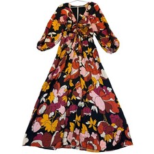 Maeve Anthropologie Floral V-Neck Maxi Dress Black Orange Pink Womens Size 10