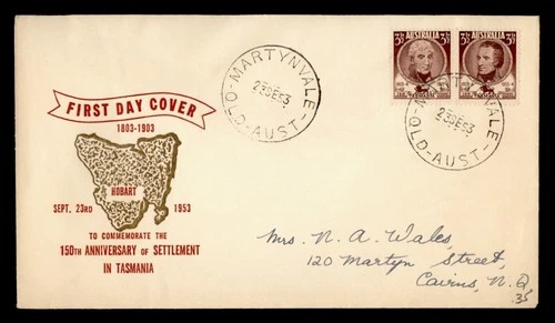 DR WHO 1953 AUSTRALIA FDC TASMANIA ANIV PAIR R49887