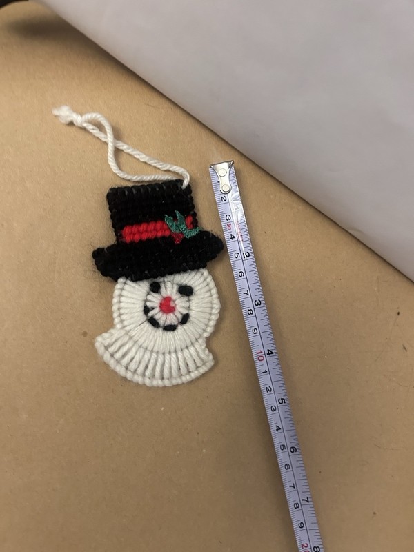 VTG Christmas Ornament yarn plastic grid Snowman circular