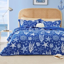 King Size Quilt Bedding Set Coastal Blue Bedspreads - Summer Beach Nautical Q...