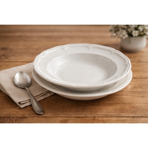 Villeroy Boch Manoir Rim Soup Bowls 9" Set 2 White Porcelain Scalloped