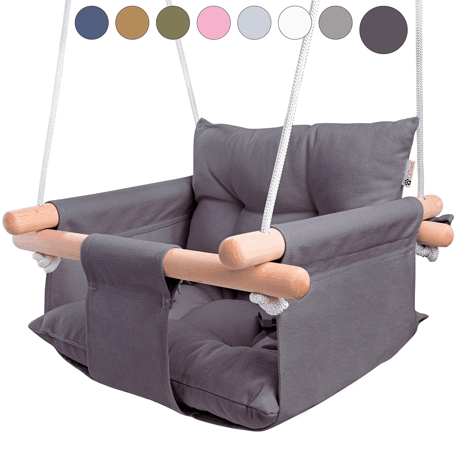 Dark Gray Canvas Baby Swing Wooden Hanging Swing Seat Chair with Safety Belt