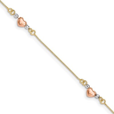 14K Tri-Color Gold gepufftes Herz 3-Stationen Box Kette Armband 7,25''
