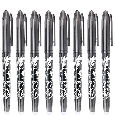 8X Black Erasable Pens Rub Out Pens Ink Eraser Pen with Rubber Erasable Gel Pens