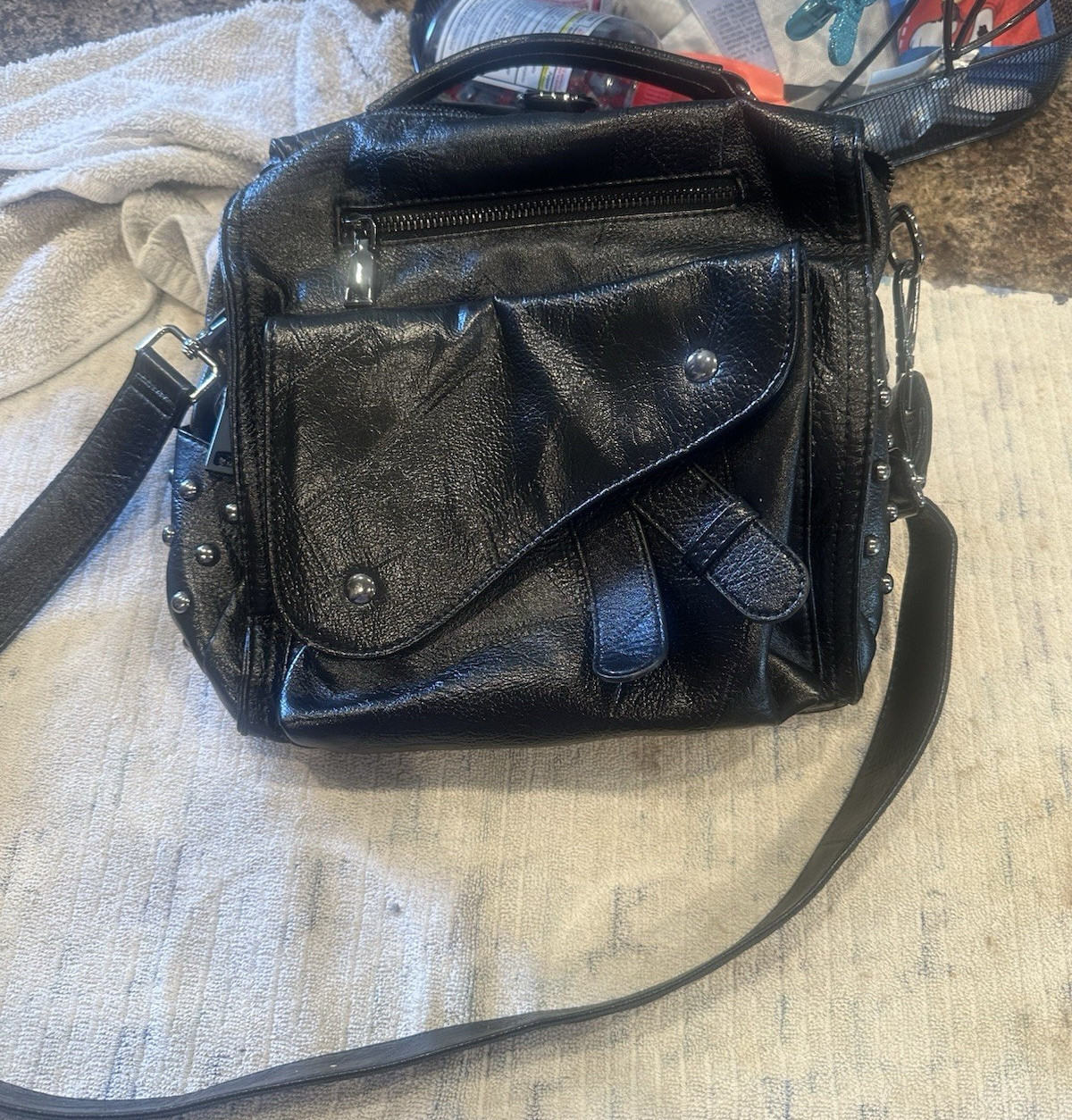 Women's Black Studded Crossbody Bag Silver Hardware Zip with Detachable Strap