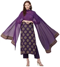 GoSriKi Women's Cotton Blend Printed Straight Kurta with Pant & Dupatta (NOV-...