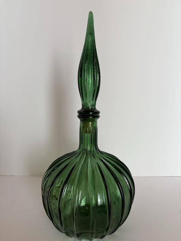 Empoli Green Glass Decanter Genie Bottle w/ Stopper 15”