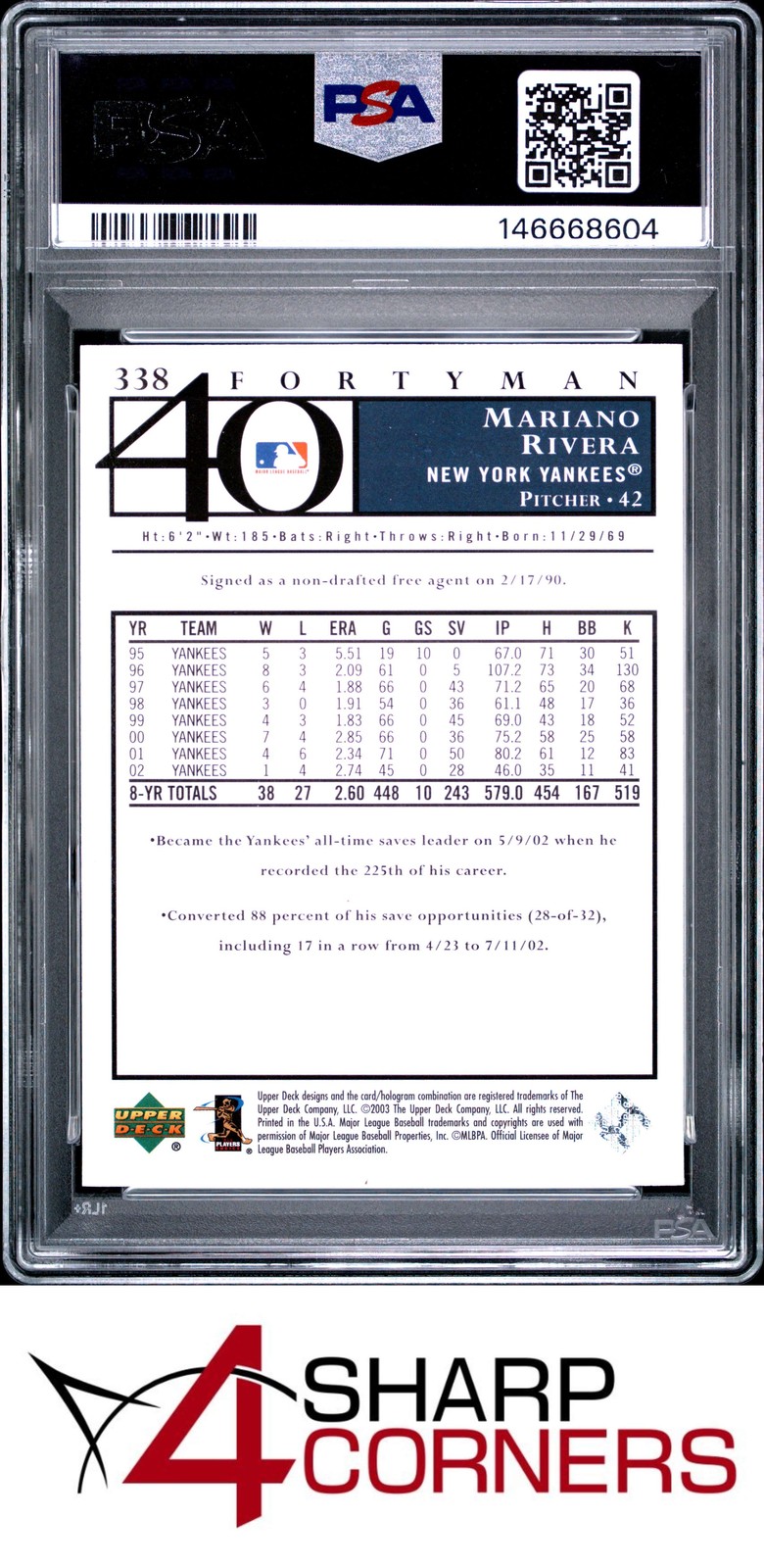 2003 UPPER DECK 40 MAN #338 MARIANO RIVERA YANKEES HOF PSA 10 view 2