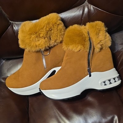 Brown Faux Fur Lined Platform Ankle Boots Zipper Women's Size 41 Faux Suede