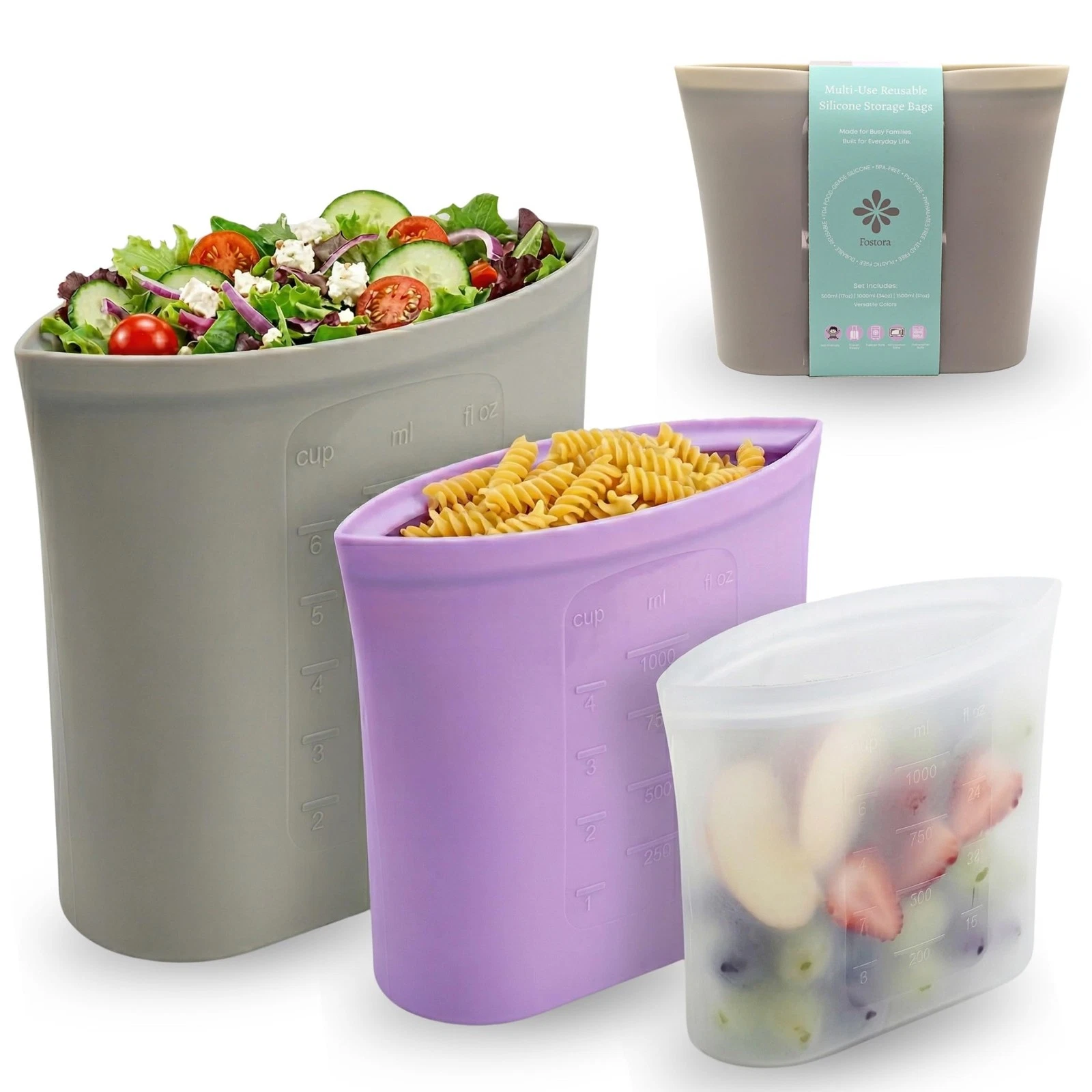 Reusable Silicone Storage Bags (Set of 3) – S, M, L; 100% Food-Silicone; Free...