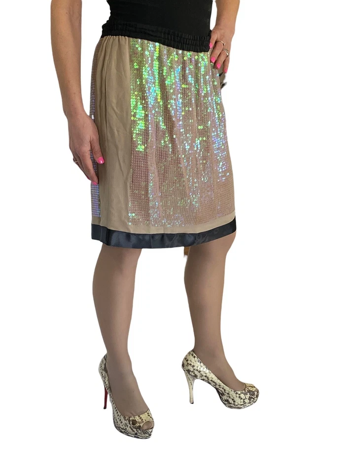  Minifalda BCBG MAXA ZRIA Beige Pómez Seda Georgette Lentejuelas Panel Pull On S Foto 3 de 4