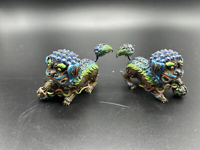 Pair Of Chinese Heavy Sterling Silver Enamel Cloisonne Foo Dogs Fine 255g 