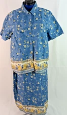 Sun River women's blue floral 100% Cotton 2 piece Top wrap Skirt set separate 2X