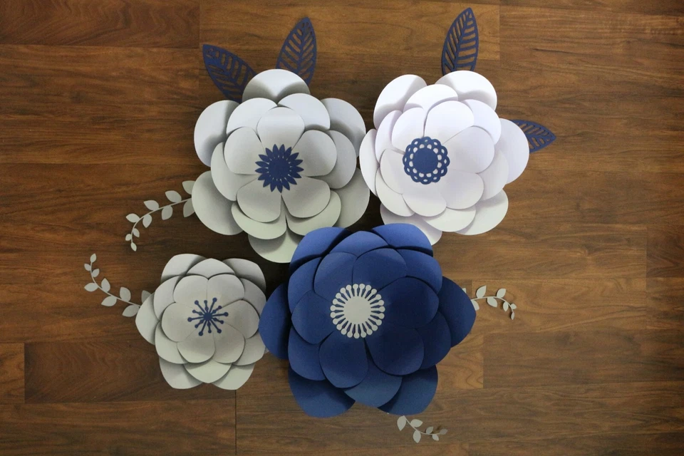 Papel Flores Decoraciones Azul Blanco Gris Boda Fiesta Eventos Decoración 8 piezas Foto 2 de 2