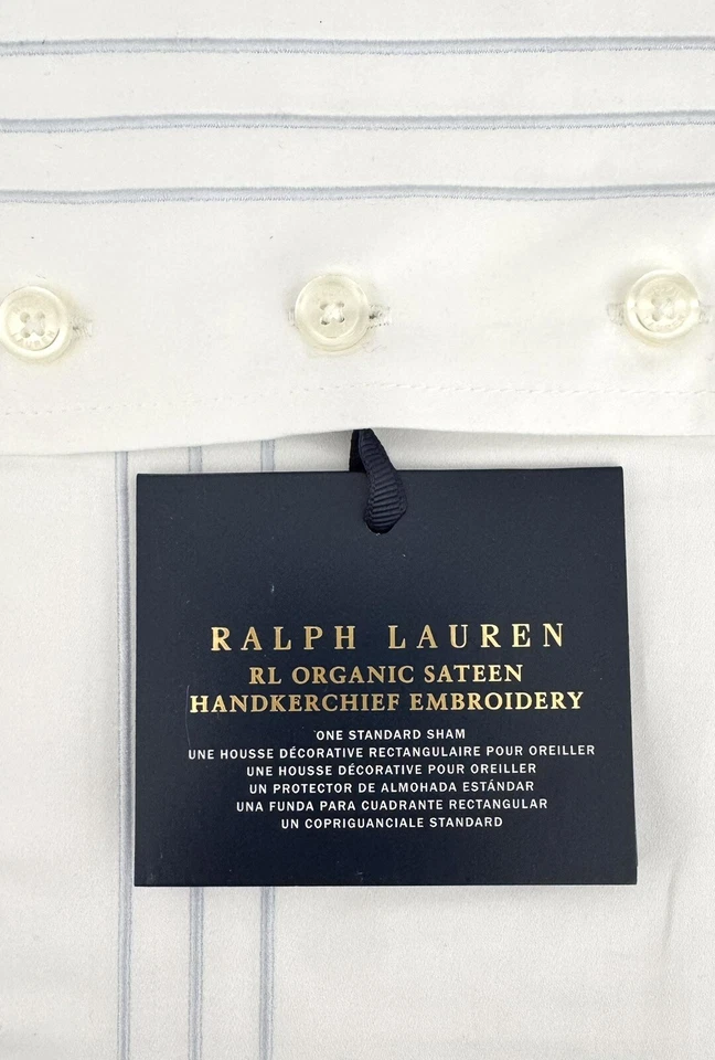 NWT Ralph Lauren Organic Cotton Standard Sham Blue Stripe Embroidered Sateen - Image 4 of 4