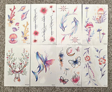 8 Sheet Temporary Tattoo Butterfly Feather Ocean Floral Nature Body Art Colorful