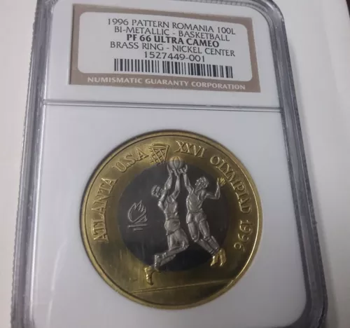 Rare 1996 Romania Bi-Metal 100 L Pattern  Olympic Basketball NGC PF 66