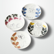Set 4 piatti piccoli gatti Lisa Larson con scatola Φ9 x 1,5 cm porcellana NUOVI
