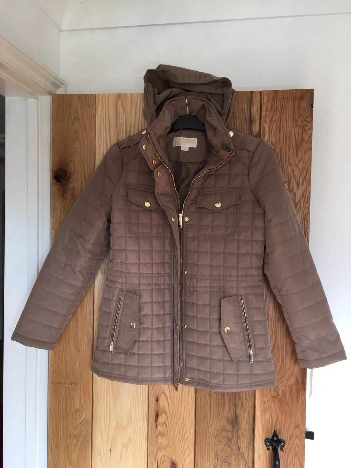 NUOVO Michael Kors MK donna cappotto giacca piccola S tartufo marrone trapuntato