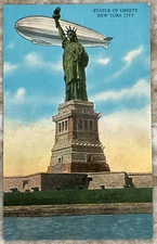 Statue of Liberty with Zeppelin Above New York City NY DB Postcard 2123
