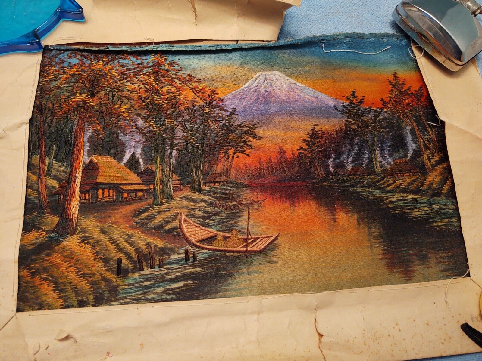vintage 17" x 11" Mountain Lake Boat Tapestry Wrapped in Original Paper Sunset ?
