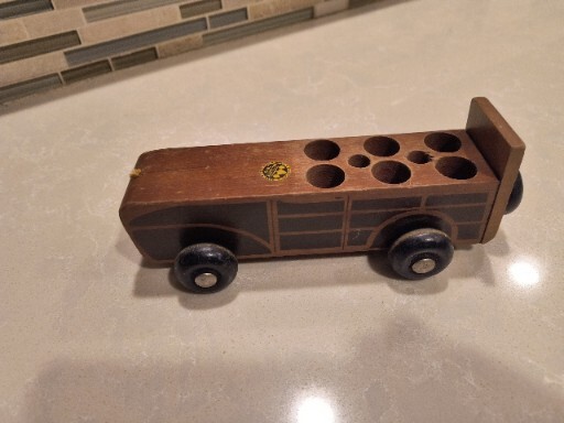 Vintage Wooden car Pull Toy, Labeled Holgate Toys. Wooden Wheels