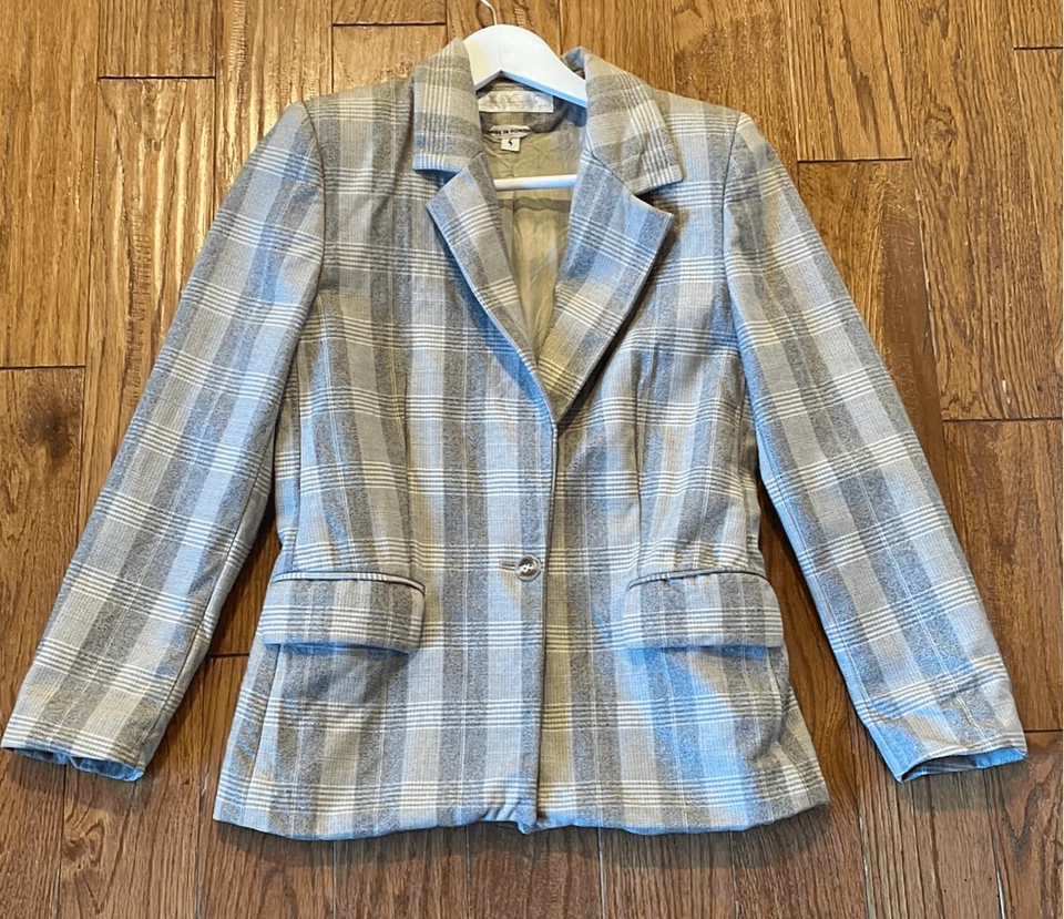 Gloria Vanderbilt vintage 100% wool grey plaid single button blazer - Image 2 of 4