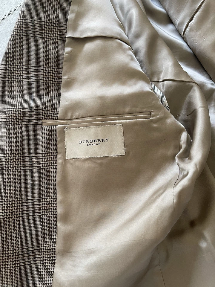 Burberry London Windowpane Blazer 3 Button Tan Beige Blue 40S Dual Vent Modern - Image 4 of 4