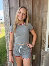 Solid Color With Striped Edges Two Piece Short Sets