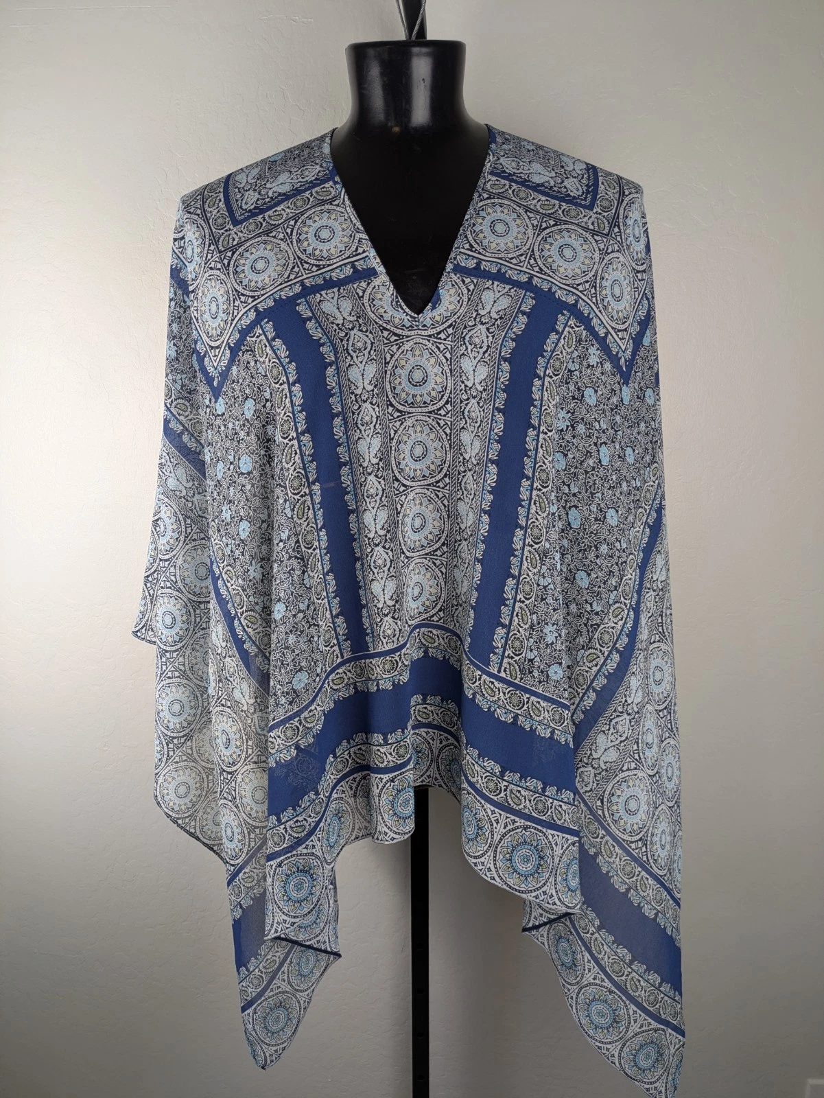 J. Jill One Size Sheer Chiffon Poncho Cover Up Blue Floral Paisley