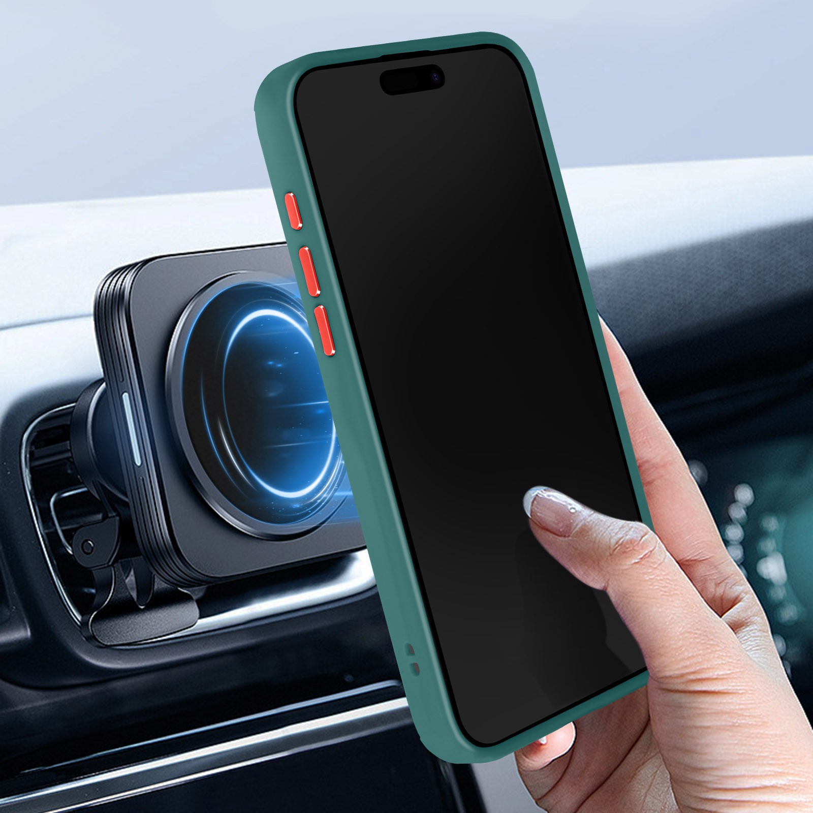 Coque iPhone 15 Plus vert foncé avec support bague de protection