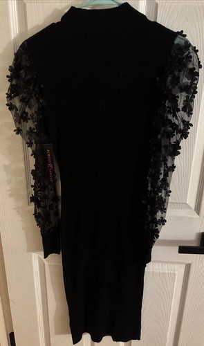 Almost Famous Dress Medium Black Stretch With Cut Out Flower Sleeve Bodycon - Picture 2 of 5