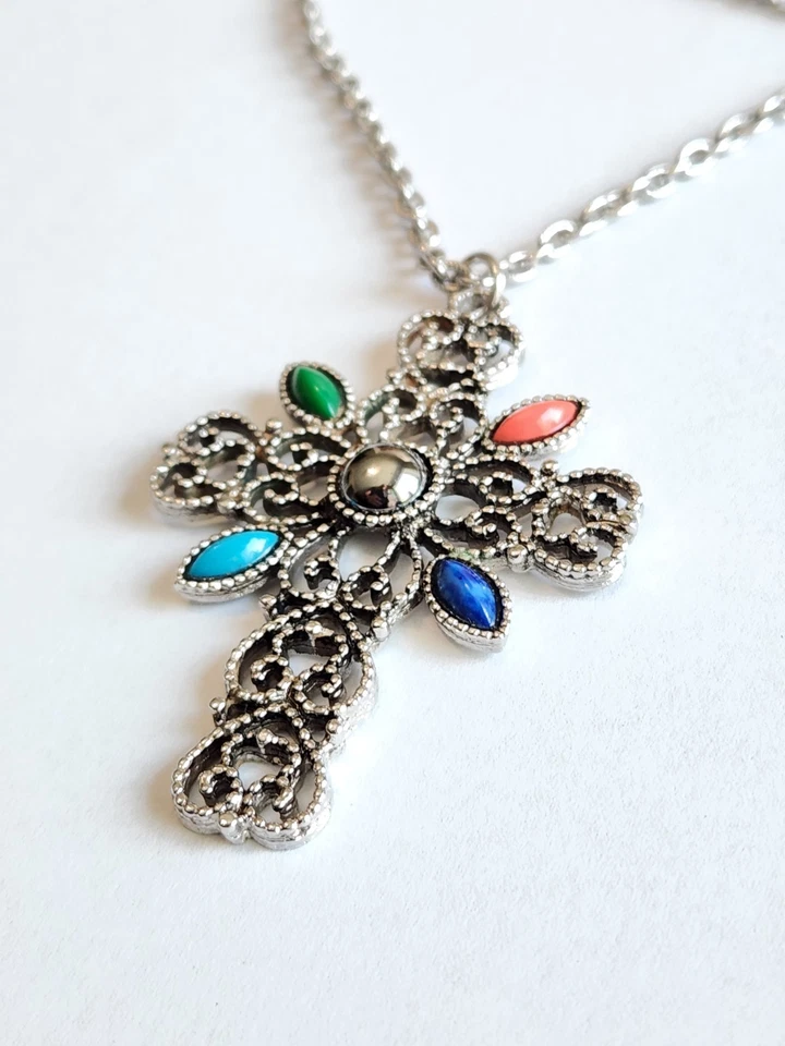 Винтажный Avon большой украшенный сердце Серебряный крест распятие подвеска 24» цепочка ожерелье - Изображение 2 из 4