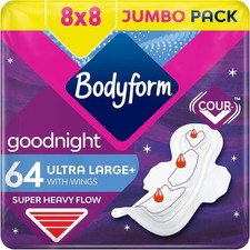 Bodyform Ultra Goodnight Sanitary Towels  64 with Wings,(8 x 8 Packs) Period Pad