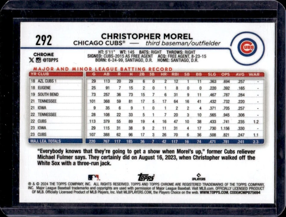2024 Topps Chrome Christopher Morel Green Raywave Refractor #/99 Cubs - Image 2 of 2