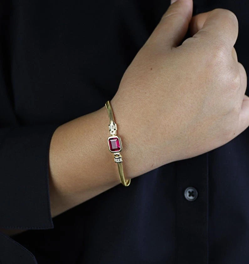Silver Dainty Ruby Bracelet Baguette Herringbone Ruby Bracelet - Image 2 of 4