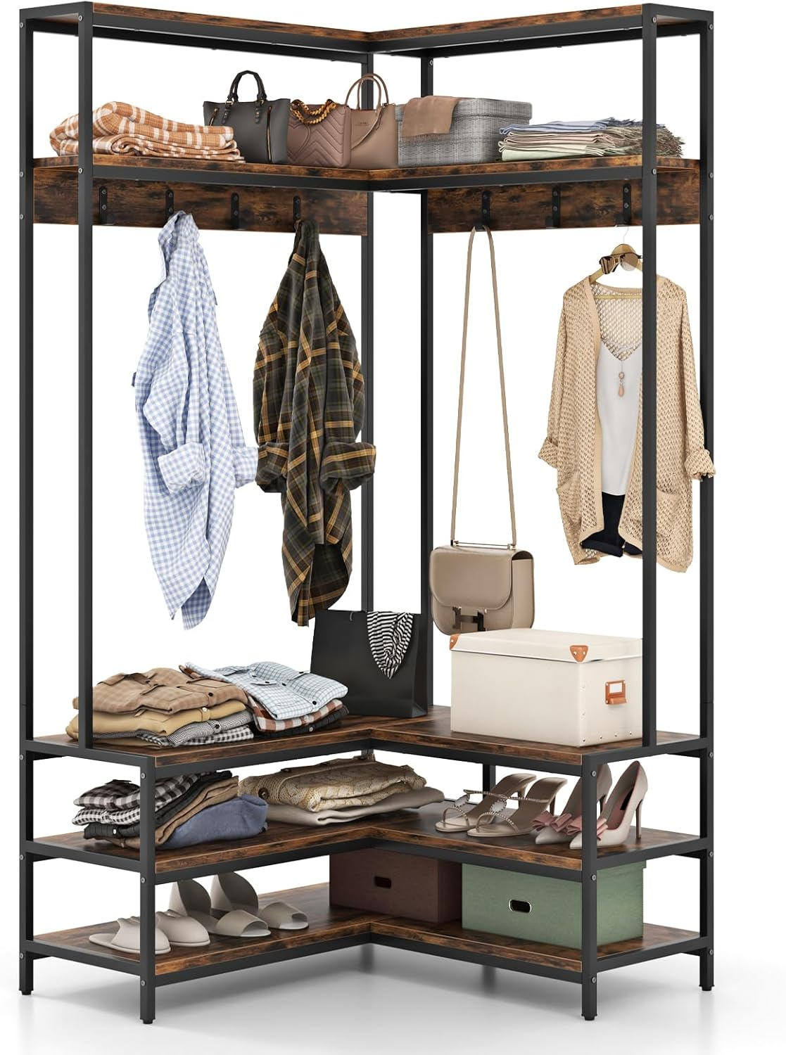 Corner Hall Tree L Shaped Coat Rack Hooks Shelves Shoe Bench Entryway Brown Unit