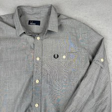 Fred Perry Camicia Uomo Grande Grigio Bottoni Manica Lunga Roll Tab Cotone Safari RE