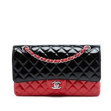 Authenticated Chanel Medium Classic Bicolor Patent Double Flap Black Leather