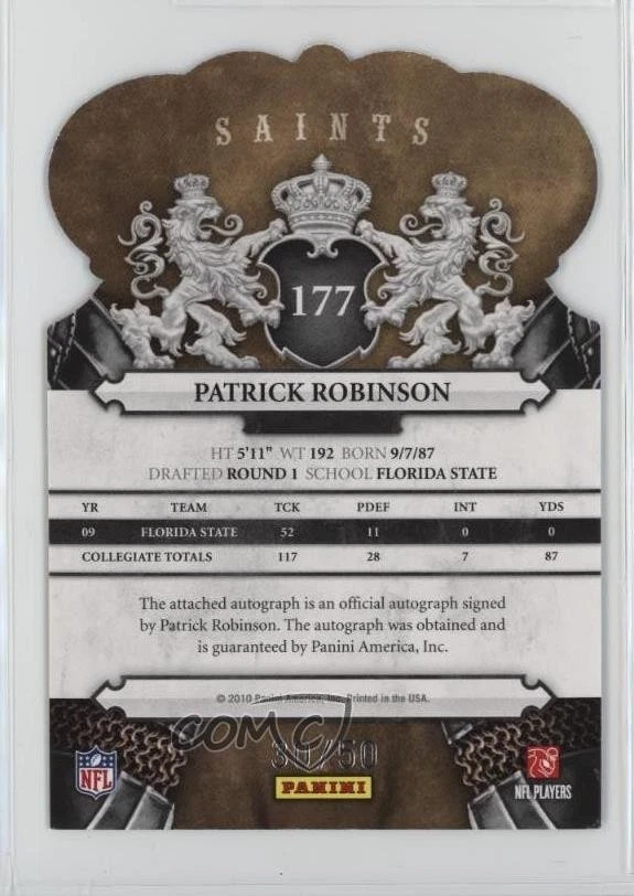 2010 Panini Crown Royale Blue Signatures /50 Patrick Robinson Rookie Auto RC - Image 2 of 2