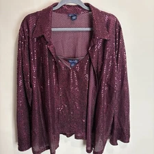 Venezia Stretch Sequin Burgundy Button Down & Tank Set 22/24 70s Disco Glam