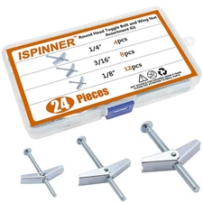 ISPINNER 24pcs Toggle Bolt and Wing Nut Assortment Kit for One Size, Zinc 
